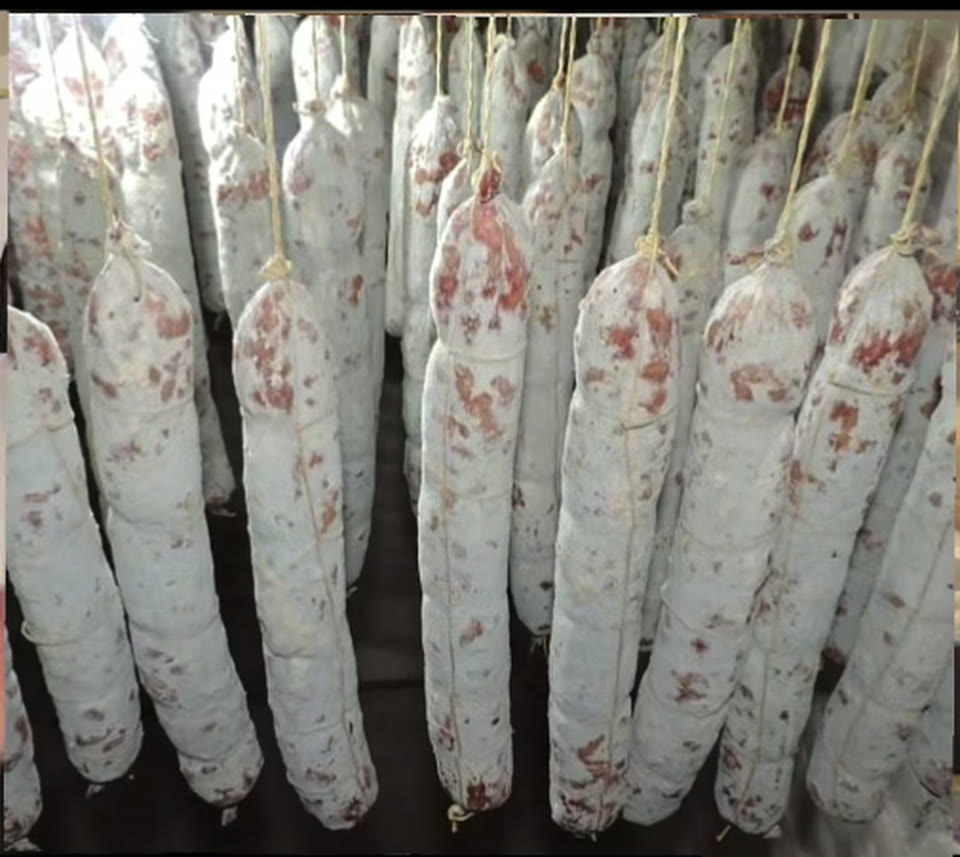 Salames Embutidos Demaria colgados, madurando en sótano